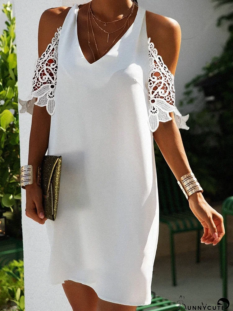Lace Solid V-neck 3/4 Sleeve Fashion Dress for Women