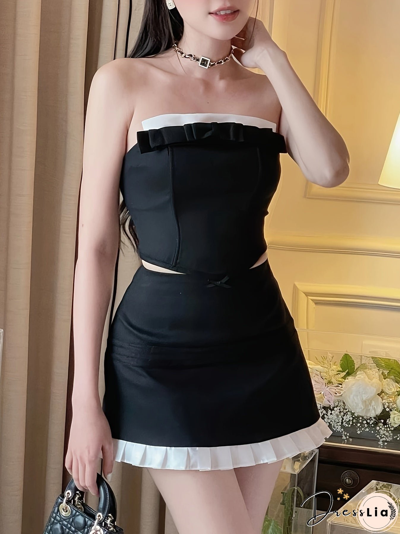 Colorblock Two-piece Set, Tube Top & Ruffle Skirt Outfits, Women's&nbsp;Clothing