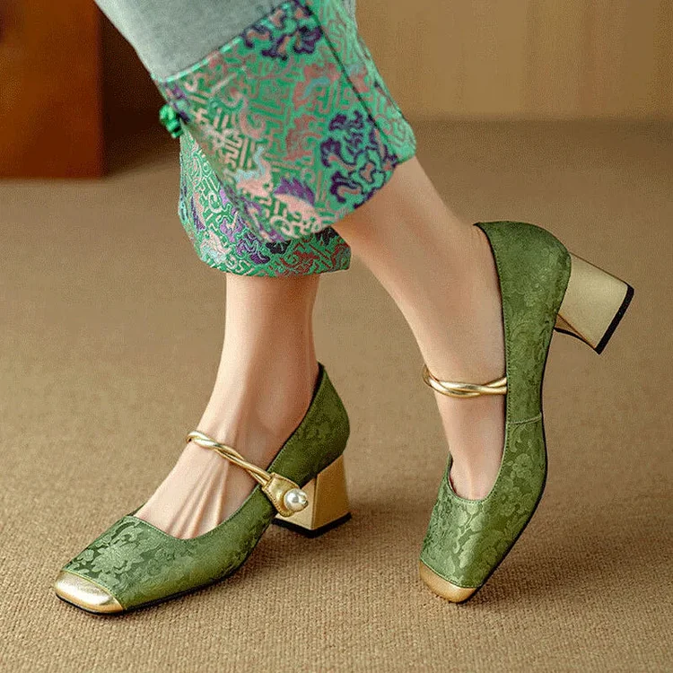 Floral Embossed Square Toe Heels