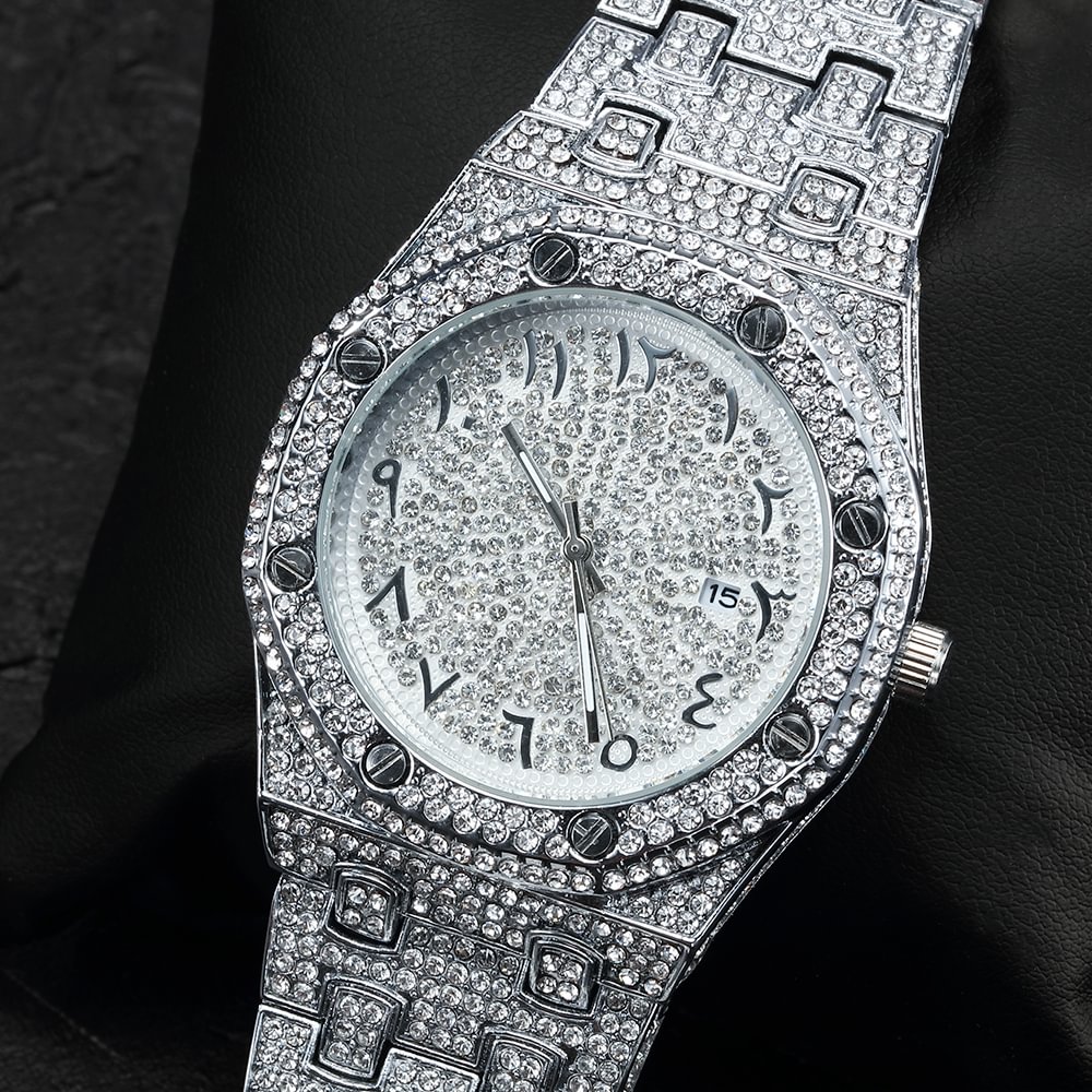 Iced Out White Gold Mens Watch Arabic Dial With Full Bling Studded Diamond Hip Hop Watches-VESSFUL