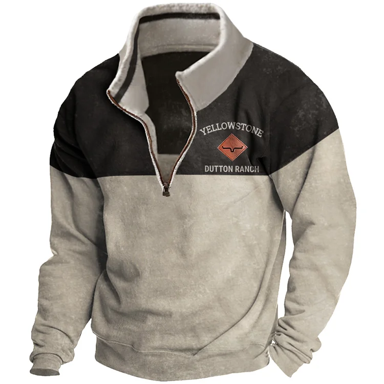 Men's Vintage Western Yellowstone Colorblock Zip Stand Collar Sweatshirt 94c1