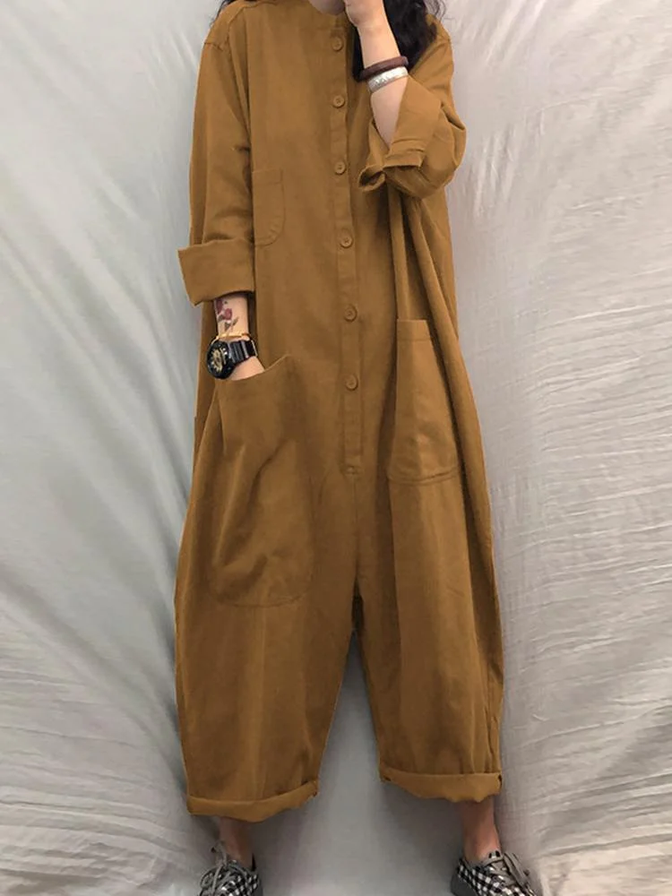 Women Jumpsuit 2022 Female Oversized Romper ZANZEA Autumn Loose Pockets Overalls  Casual Solid Stand Collar Bottom