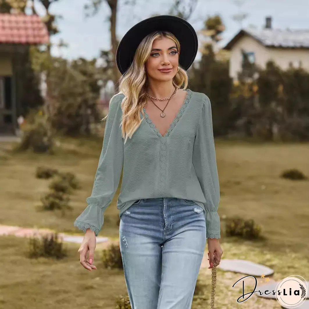 Women's Solid Color Pullover Stitching Lace Long-sleeved Blouses