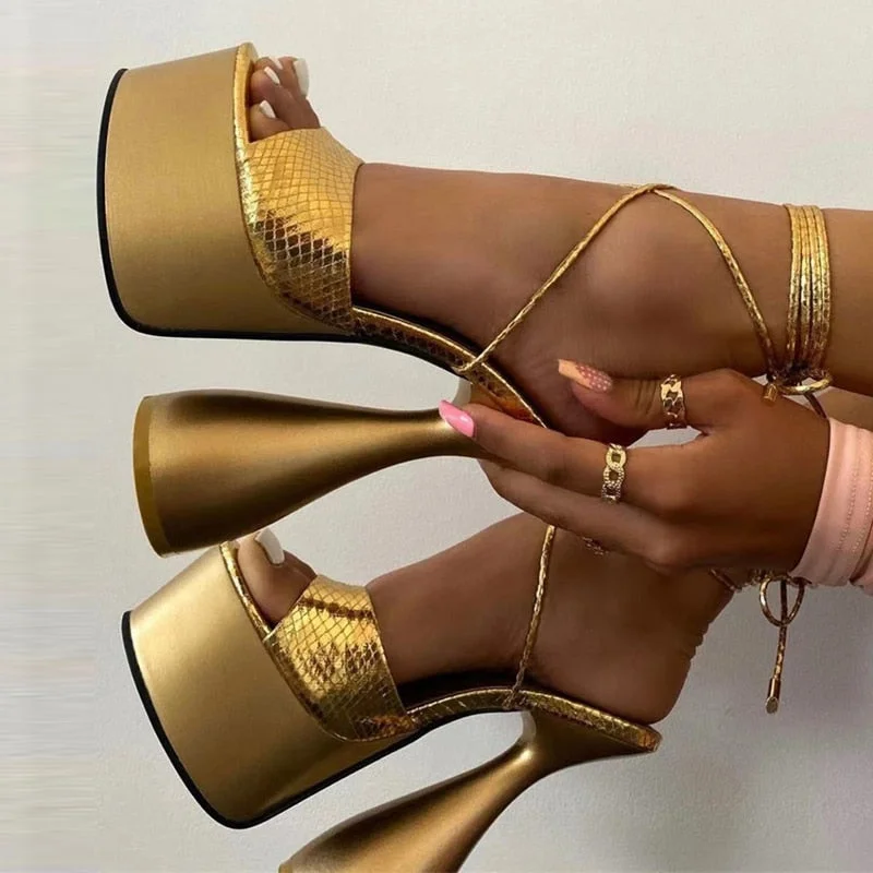 Women Platform Sandals Fashion Snake Print PU Leather Big Fish Peep Toe Ankle Strap Lace-Up Strange High Heels Party Dress Shoes