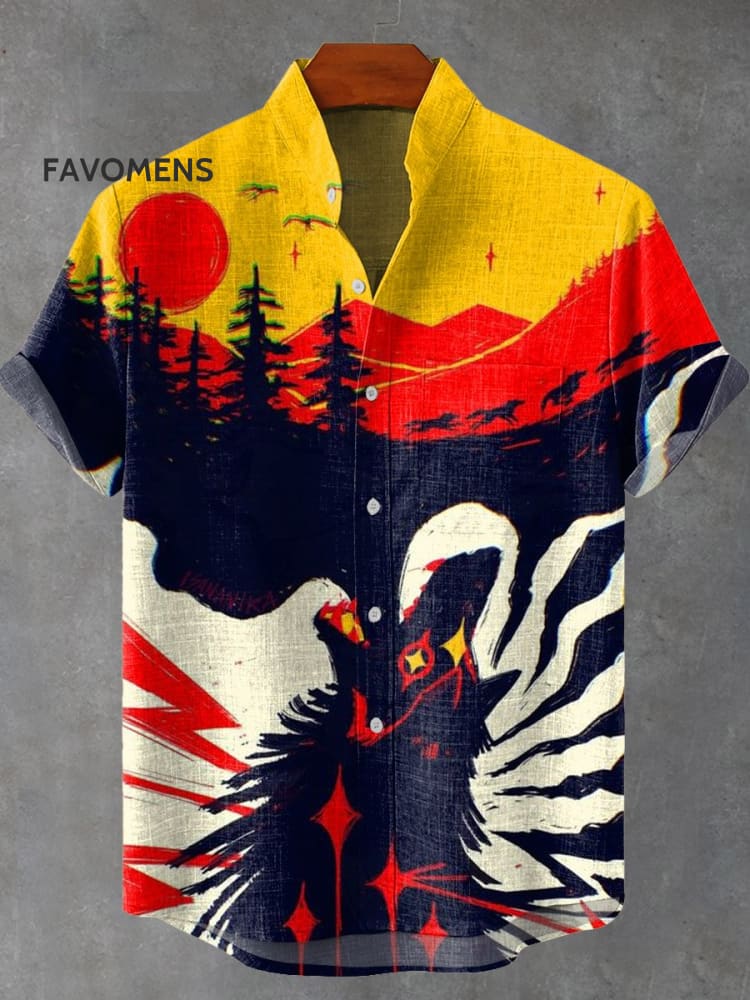 Howling Wolf Forest Sunset Art Print Casual 100% Cotton Shirt Multicolor / S