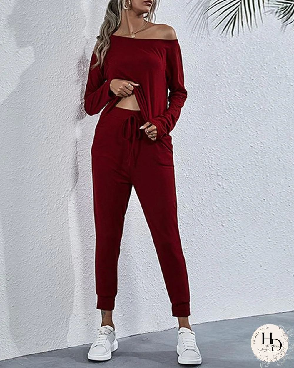 Solid Long Sleeve One Shoulder Two-Piece Fashion Suit