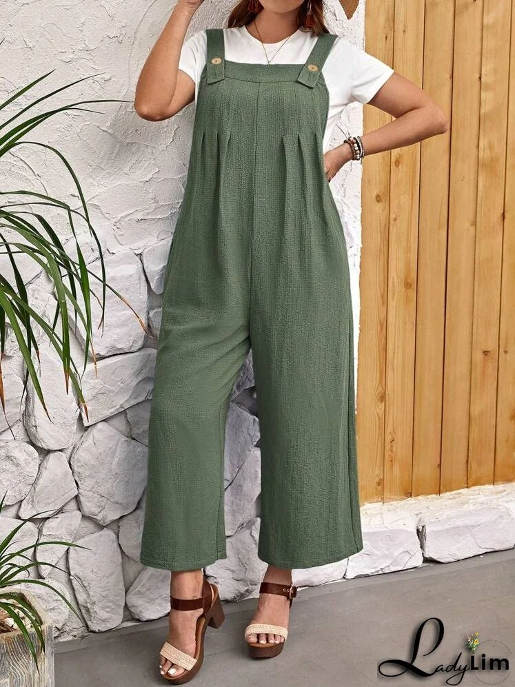Plus Size Women's Solid Color Simple Daily Wear Jumpsuit With Straps