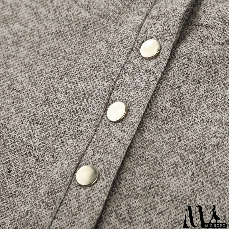 MidiSono - Women's Brown Heathered Print Button Snap Neck Pullover Hoodie