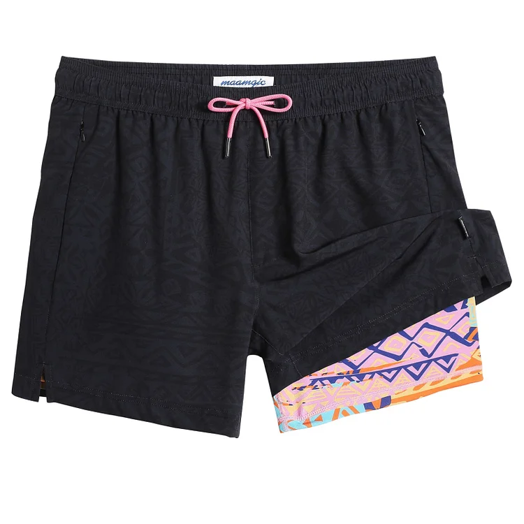 5.5 Inseam 2 in 1 Stretch Short Liner Black Pink Printed Swim Shorts