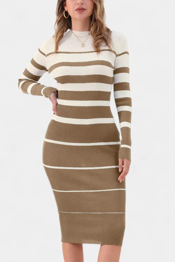 Fitted Striped Knit Midi Dress with Long Sleeves