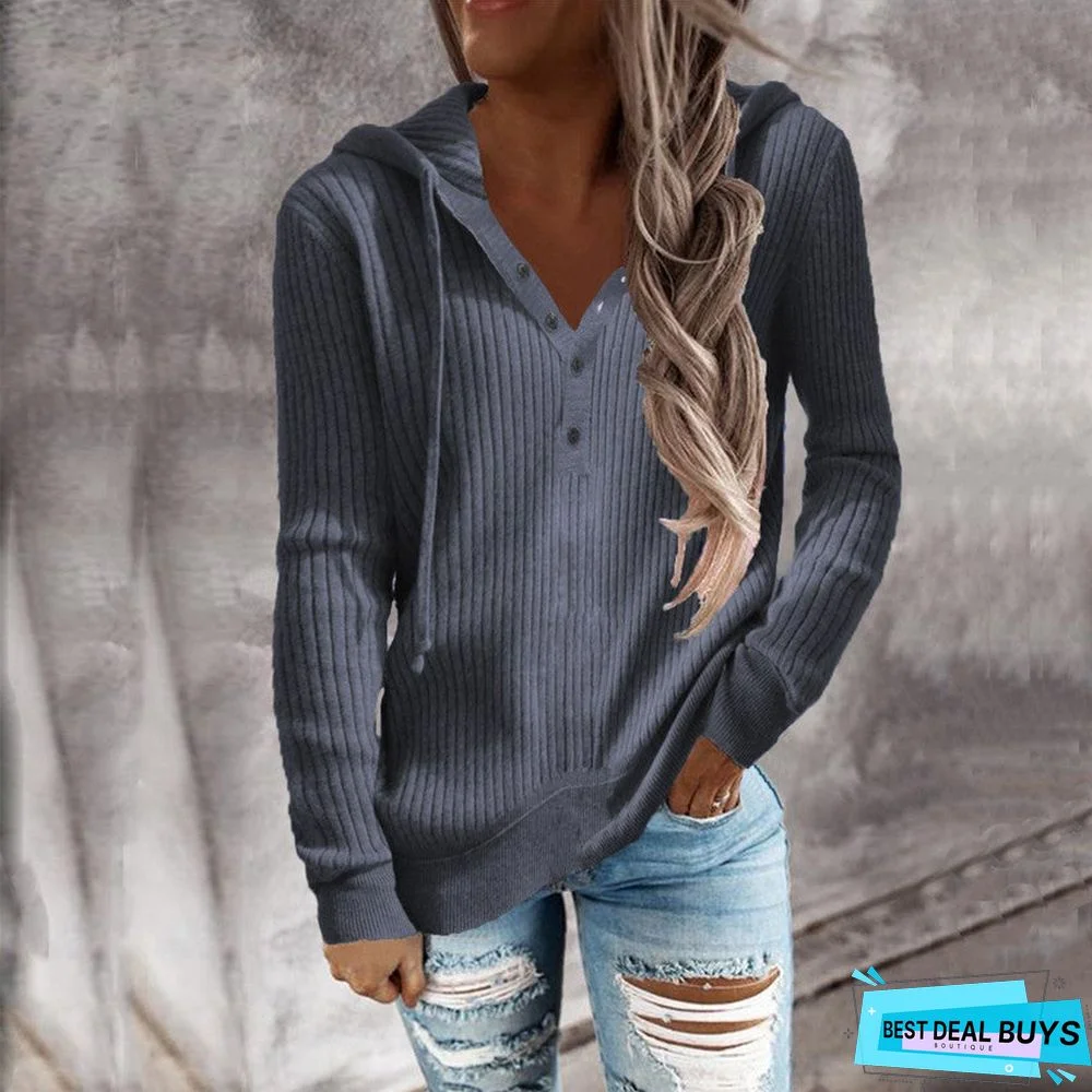 Striped Casual Hoodie Loose Open Neck Long Sleeve Sweater