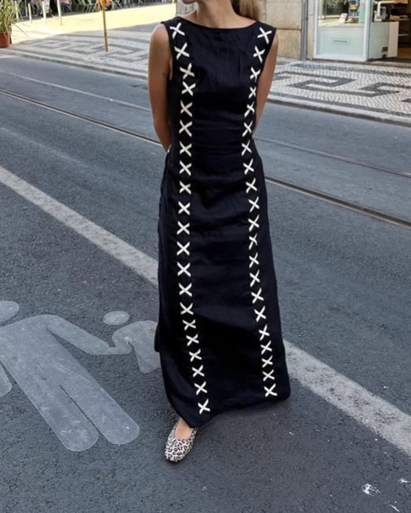 Criss Cross Ribbon Detail Sleeveless Backless Maxi Dress