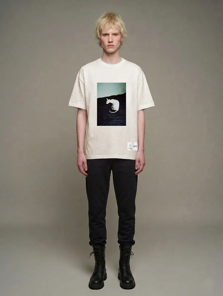 YOUJIE YANG Unisex Printed T-shirt  - 4 Recycled Water Bottles - Cream