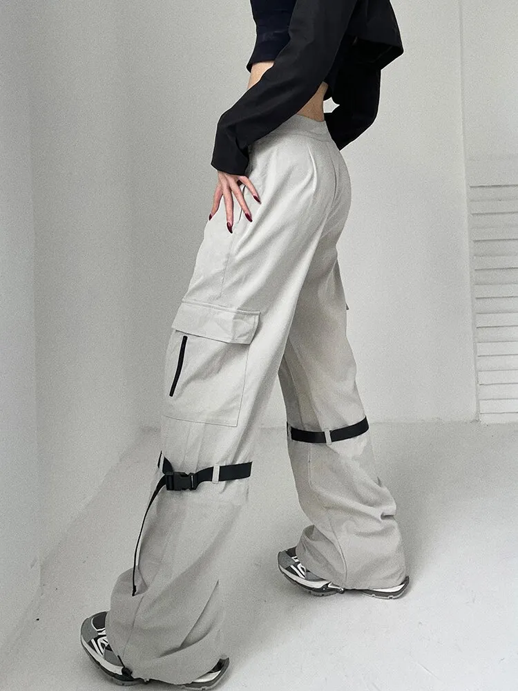 Brownm Fashion New Cargo Pants With Buckle Chic High Waist Light Grey Loose Sweatpants Harajuku Korean Joggers Techwear 2022
