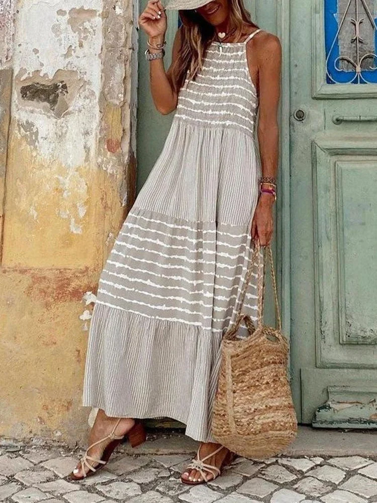 Summer Women Casual Loose Long Beach Dresses Vintage Striped Print Patchwork Maxi Dress Female Elegant Sleeveless Straps Dress