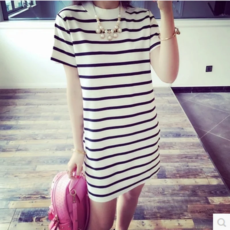 Uveng Uveng Summer Women's Wear Long Women's Stripe Loose Short-Sleeved T-Shirt Korean Version Horizontal Stripe Women's Dress