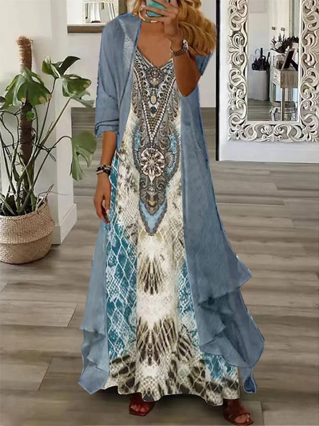 Women plus size clothing Women's Half Sleeve V-neck Graphic Printed Two Pieces Maxi Dress-Nordswear