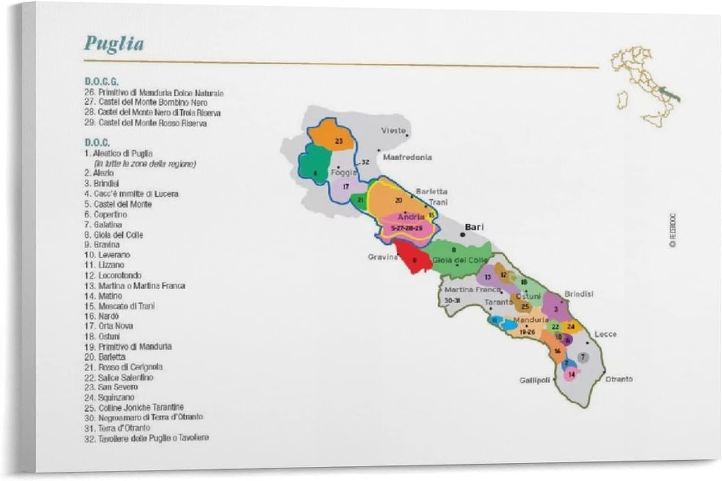 Map of The Beaches of Puglia, Italy, Living Room Canvas Wall Art Poster. Canvas Art Posters and Home Bedroom Decor Posters, Room Aesthetics Decorative Paintings 12x18inch(30x45cm) 12x18inch(30x45cm)