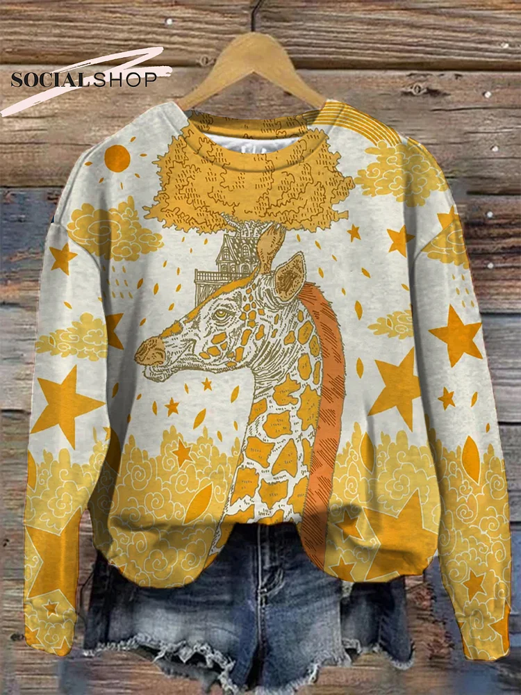 Starry Giraffe Majesty: Long Sleeve Round Neck Shirt with Crown and Star Print socialshop