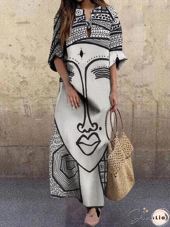 Loose Face Print V-neck Dress