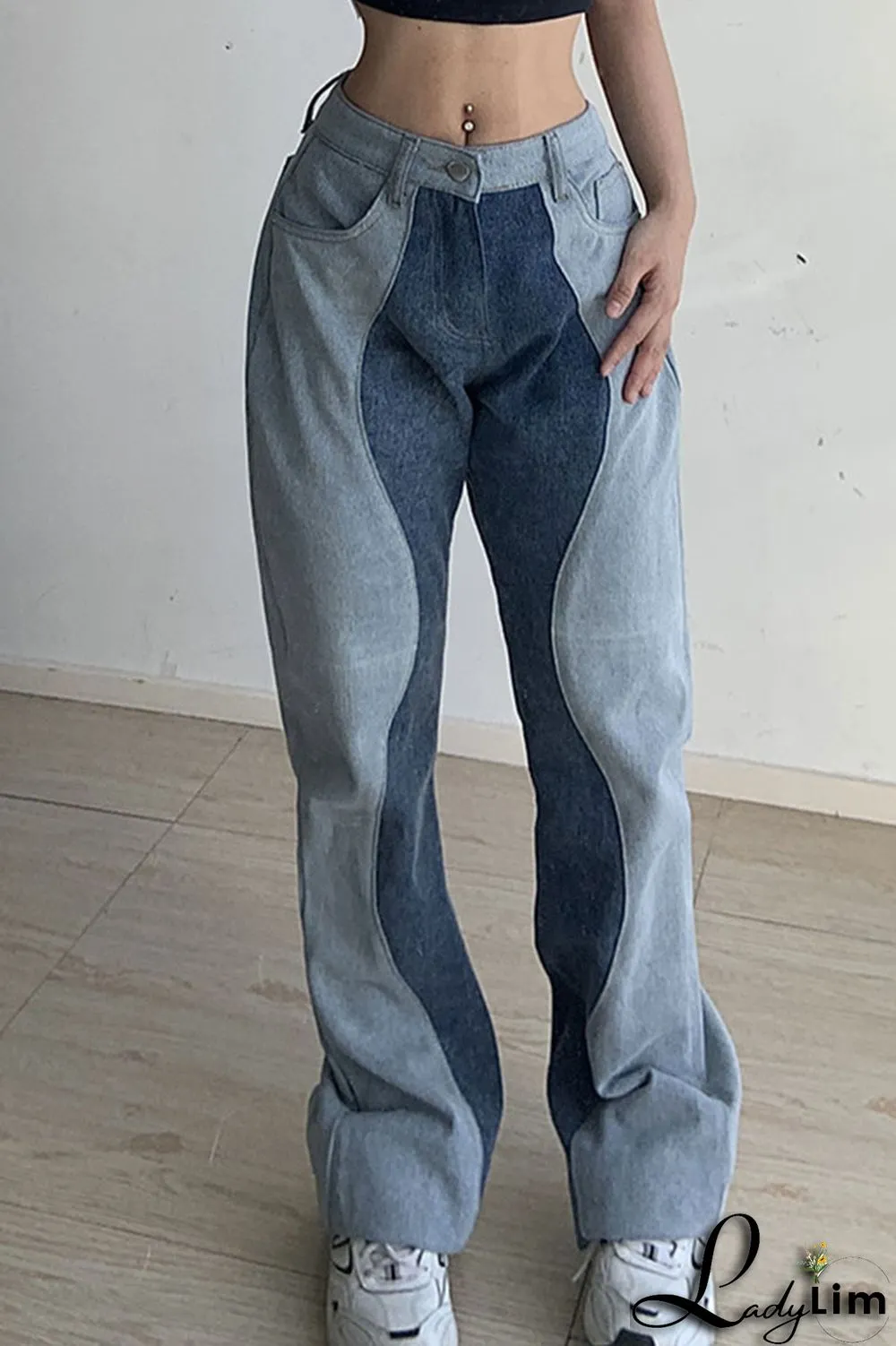 Blue Casual Street Solid Split Joint High Waist Denim Jeans