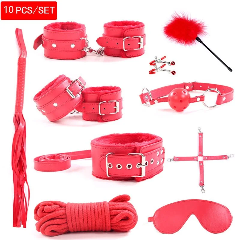10 Pcs/set handcuffs police Cosplay Tools Toys for Set Handcuffs Nipple Clamps Gag Whip Rope Sex Toys For Couples sexy mask 515-1