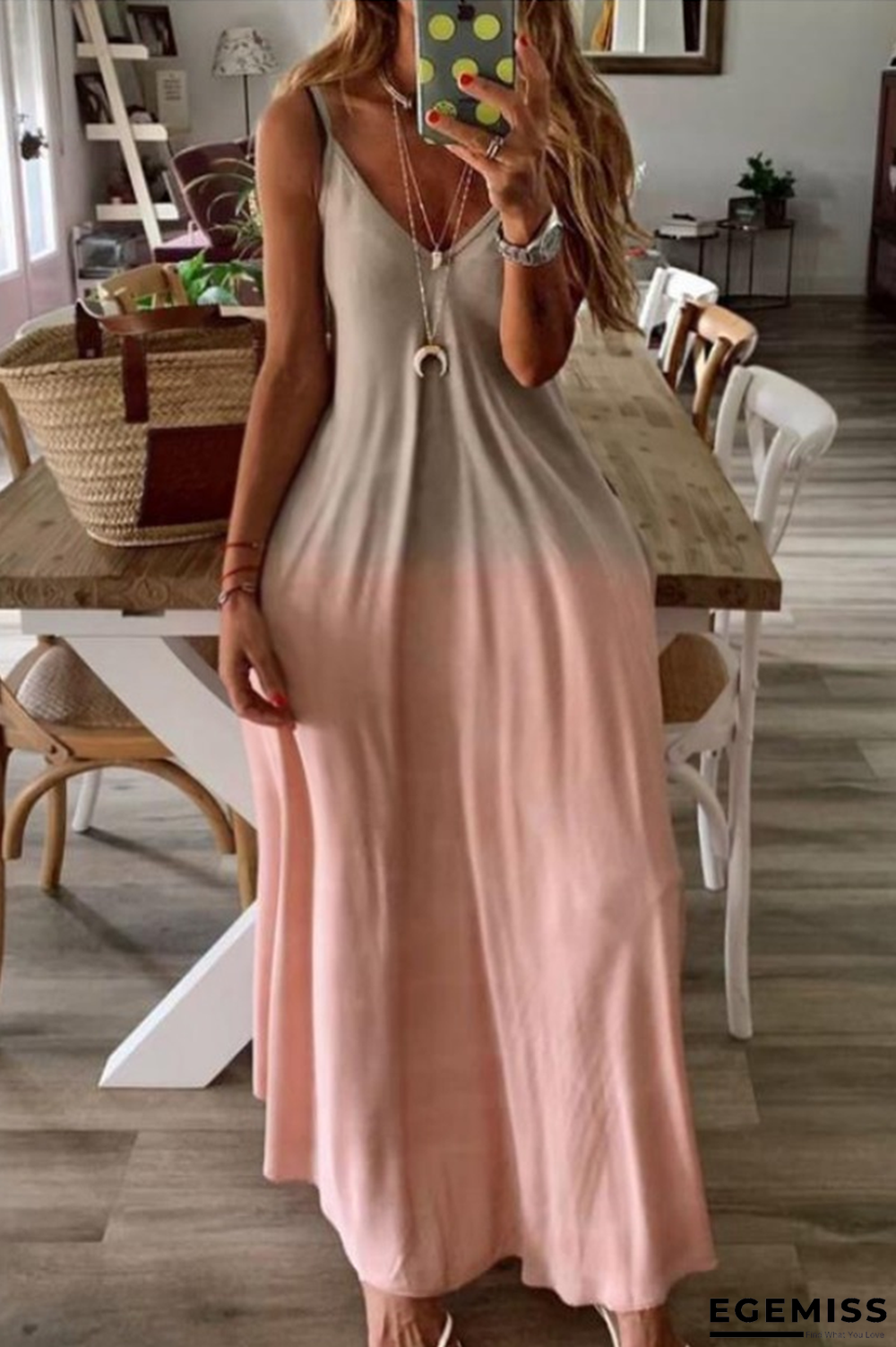 Pink Fashion Sexy V Neck Sleeveless Spaghetti Strap Gradual Change Print A Line Plus Size Dresses | EGEMISS