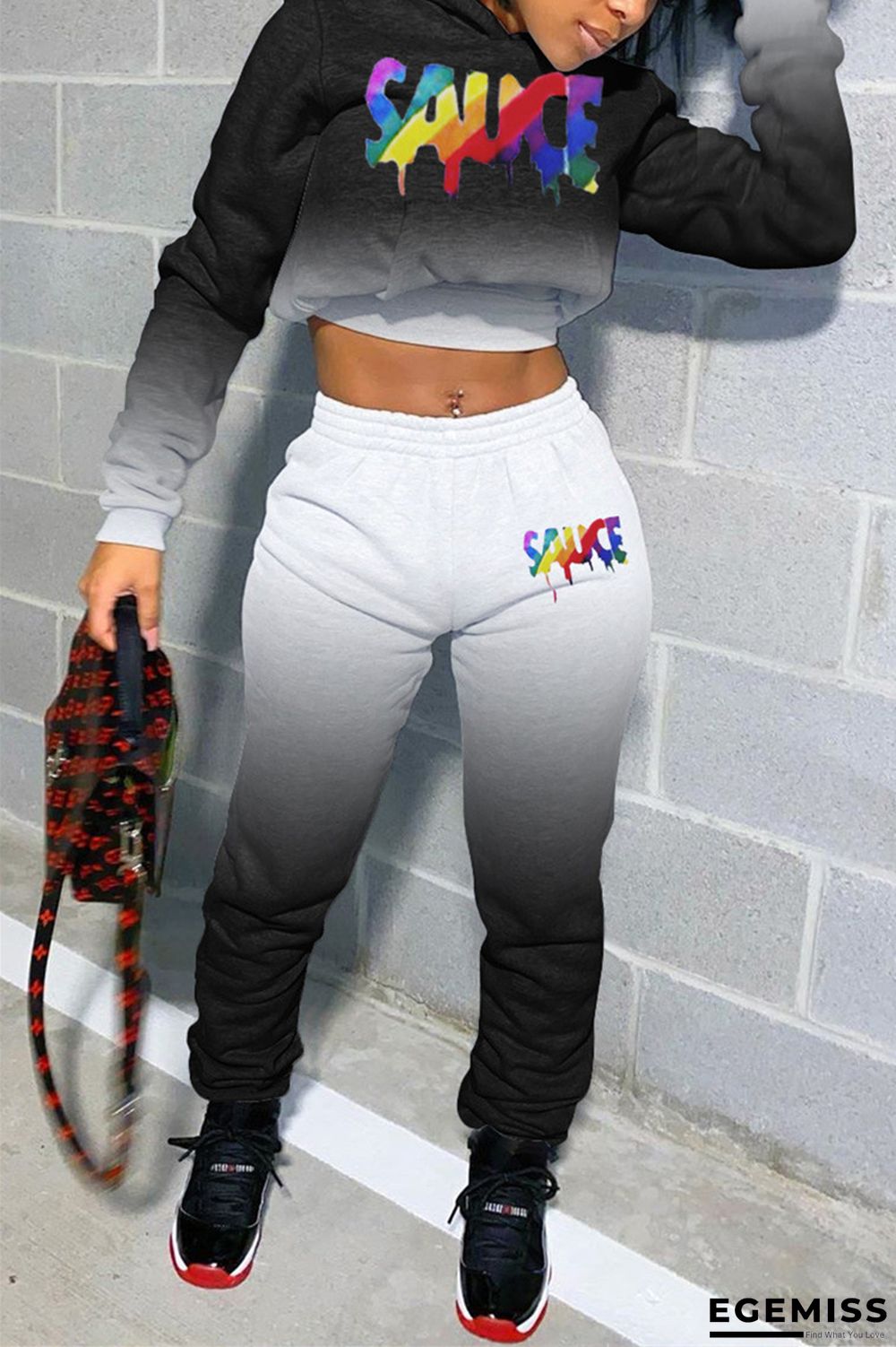 Black Fashion Sexy Adult Letter Print Letter Hooded Collar Long Sleeve Regular Sleeve Regular Two Pieces | EGEMISS