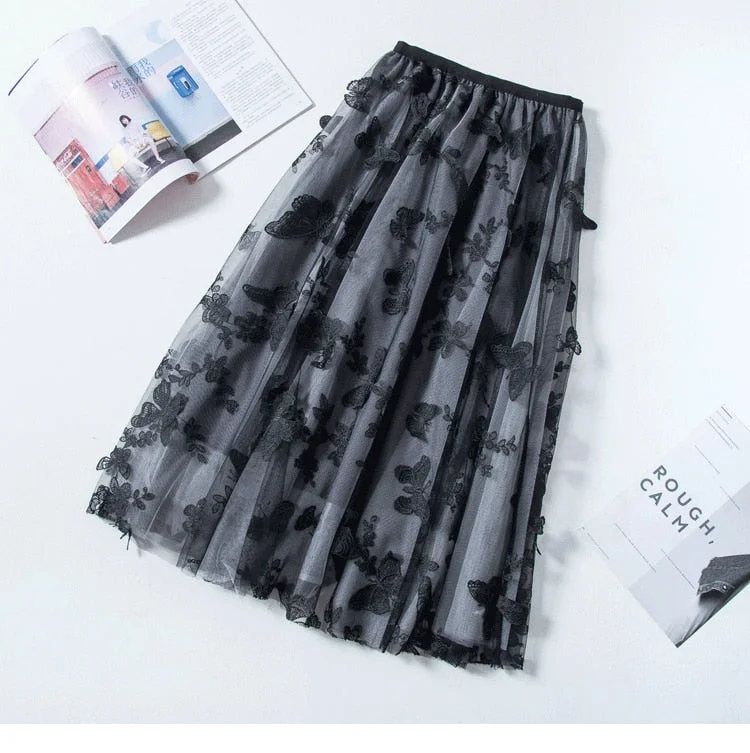 Elegant Floral Tulle Pleated Midi Skirt