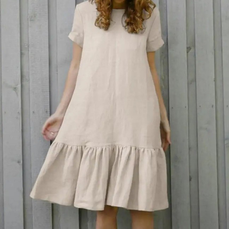 Vintage Solid Flounce Round Neck Casual Cotton Linen Midi Dress