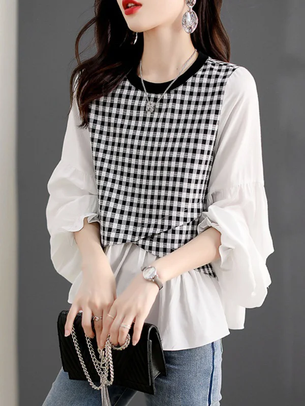 Elasticity Plaid Split-Joint Long Sleeves Loose Round-Neck T-Shirts Tops