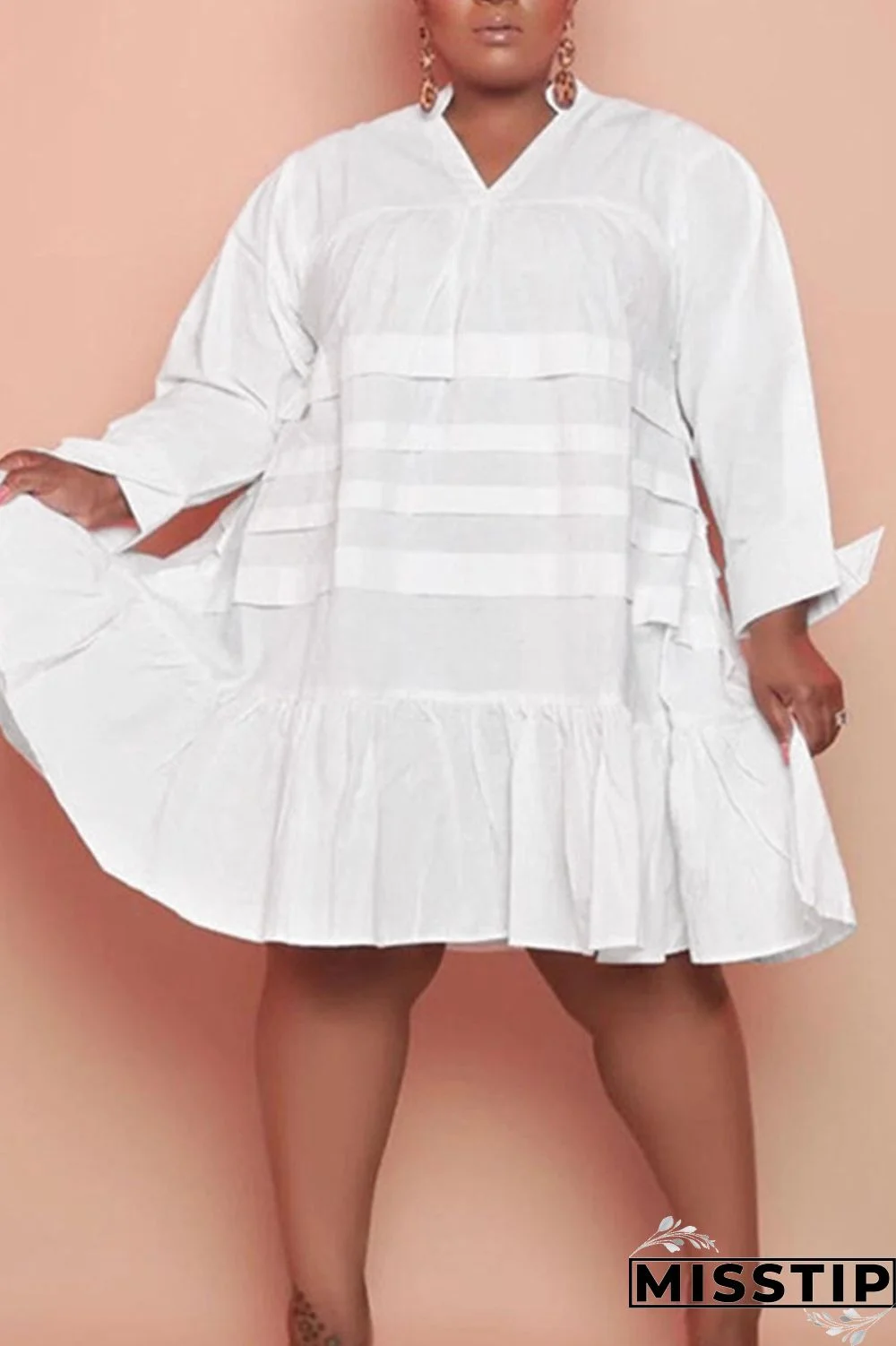 White Casual Solid Patchwork Flounce V Neck Princess Plus Size Dresses