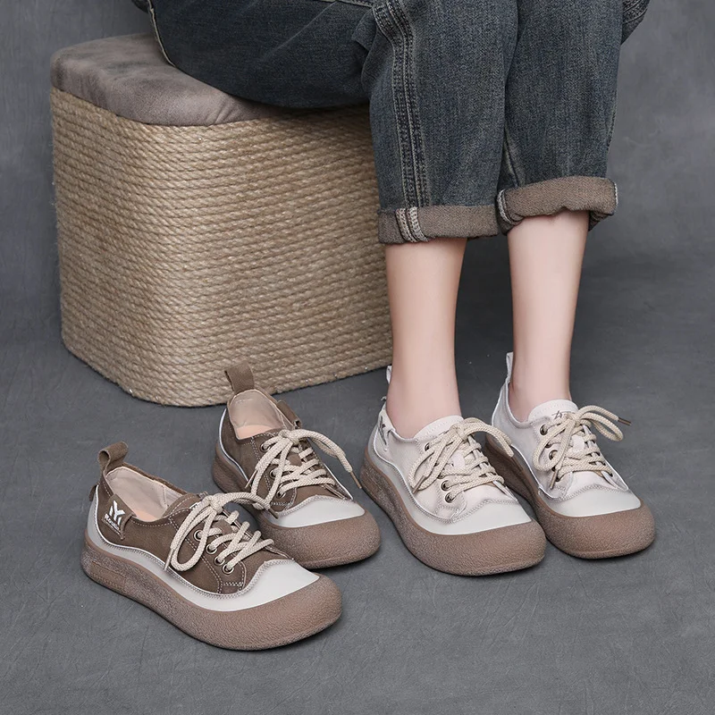 Yyvonne Layer Cow Skin Retro Thick-Soled Single Shoes Women 2025 Spring New Round Head With Soft Sole Casual Shoes