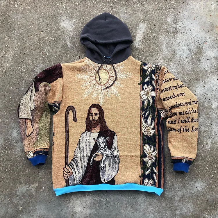 Trendy Retro Jesus Casual Street Tapestry Knit Hooded Sweater