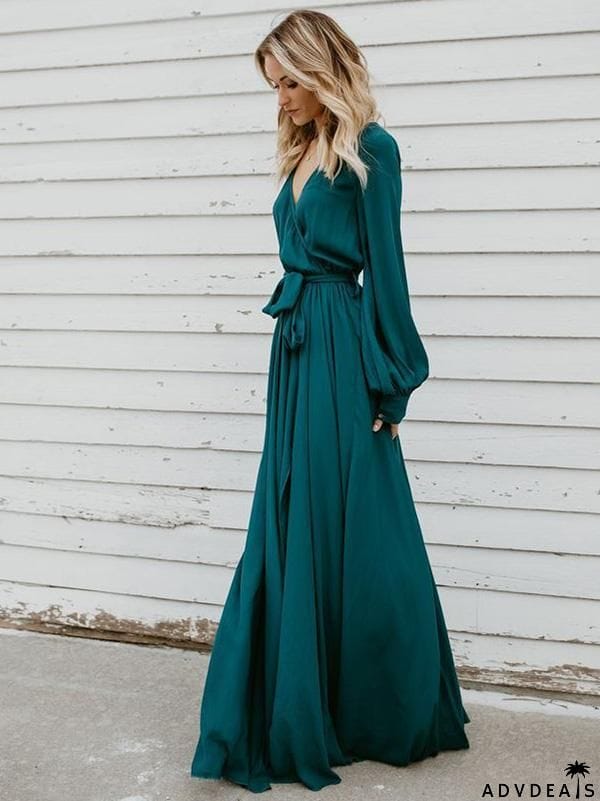 V-neck Long Sleeves Belted Maxi Dress