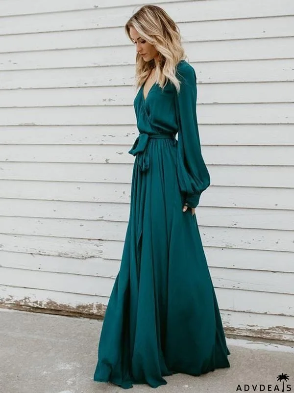 V-neck Long Sleeves Belted Maxi Dress