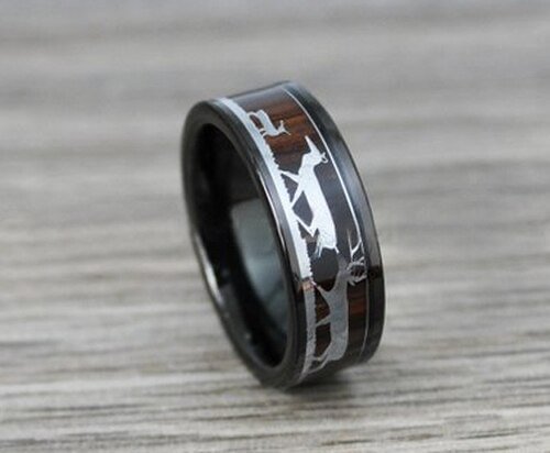 Women's Or Men's Hunting Ring Deer Crossing Wedding Band Rings,Black Tungsten Carbide Bands with Deer Silhouette Over Real Koa Wood,Hunter's Wedding Band Ring With Mens And Womens For Width 4MM 6MM 8MM 10MM
