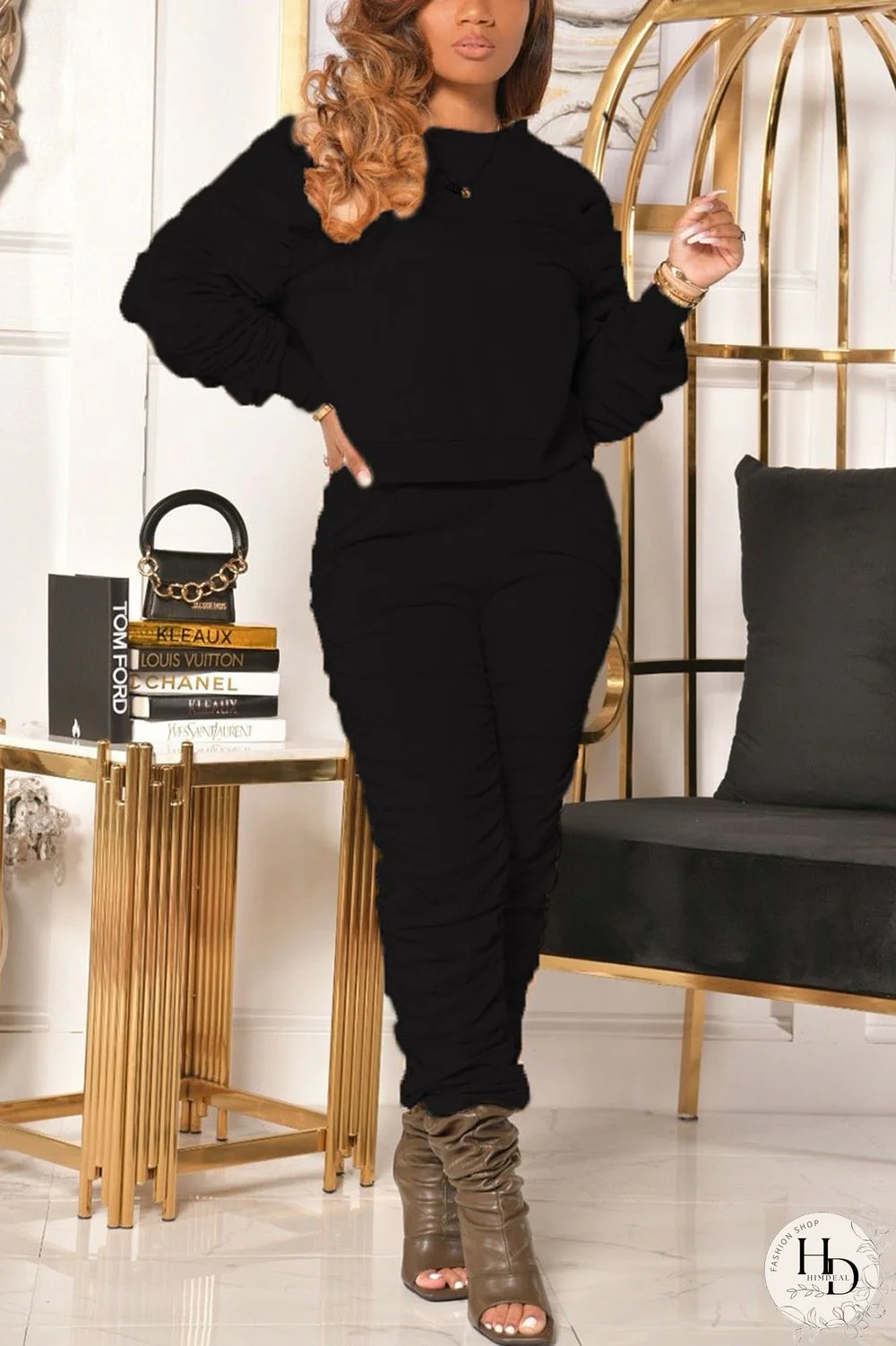 Red Casual Solid Fold O Neck Long Sleeve Two Pieces