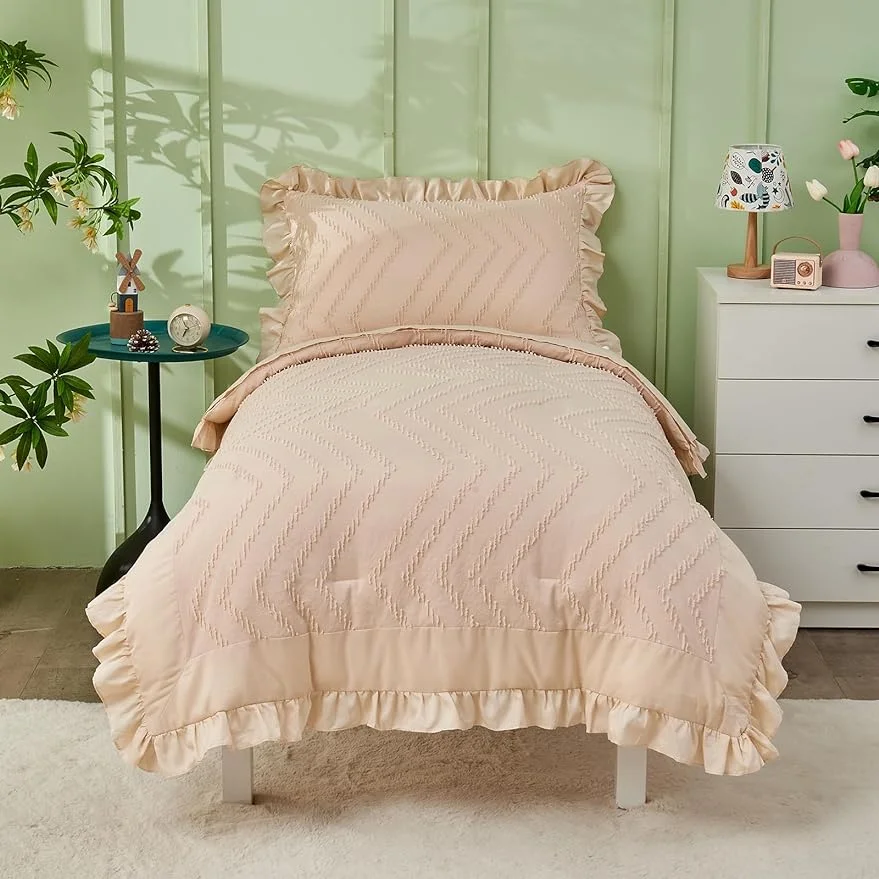 Boho Tufted Toddler Comforter Set for Girls Baby Toddler Bedding Set with Ruffle Fringe 4 Pieces Pink Comforter with Fitted Sheet, Flat Sheet, Pillowcase