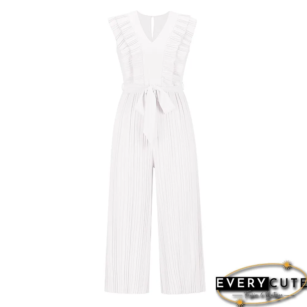 White Ruffle Sleeveless Wide Leg V Neck Jumpsuit