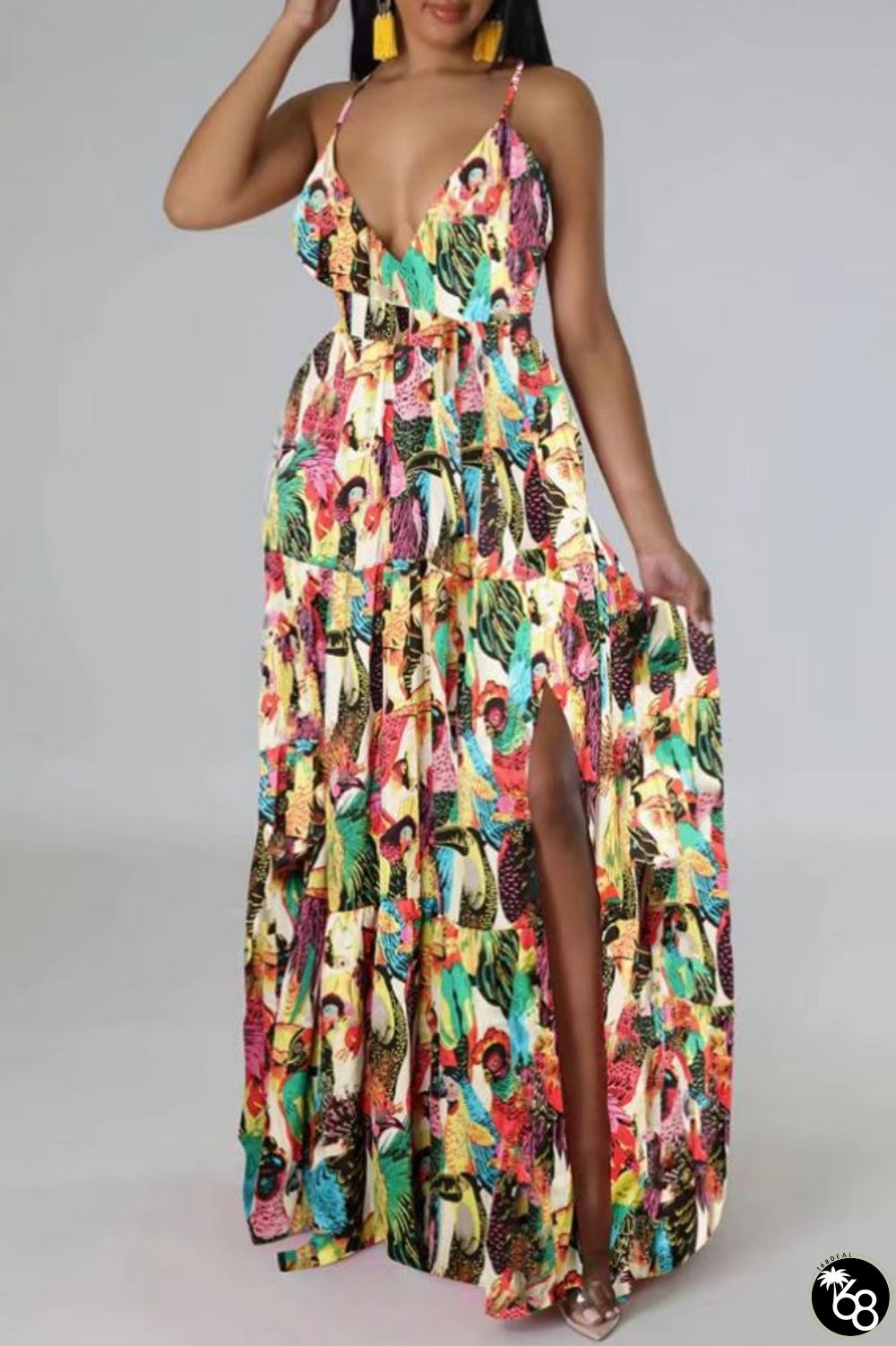 Multi-color Sexy Casual Print Backless Slit Spaghetti Strap Long Dress Dresses | 168DEAL