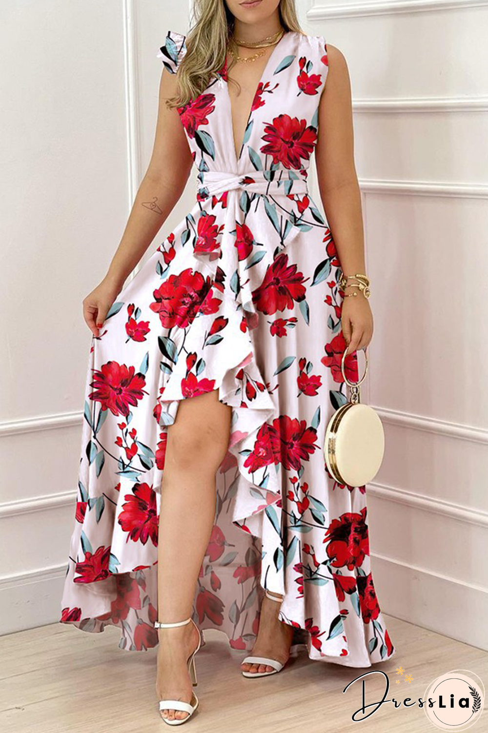 Vacation Print Flounce V Neck Waist Skirt Dresses(4 colors)