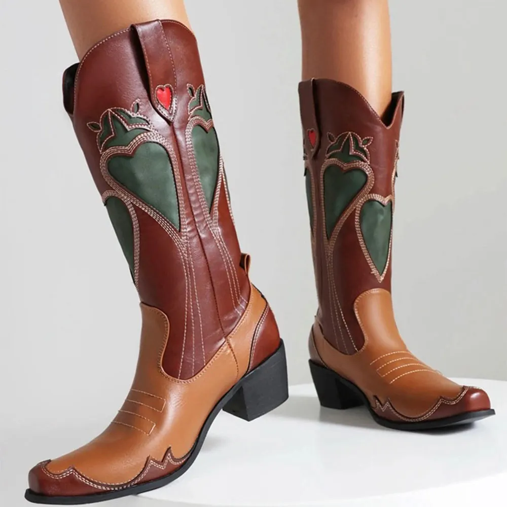 Tan & Brown Block Heel Patchwork Mid Calf Snip Toe Western Boots