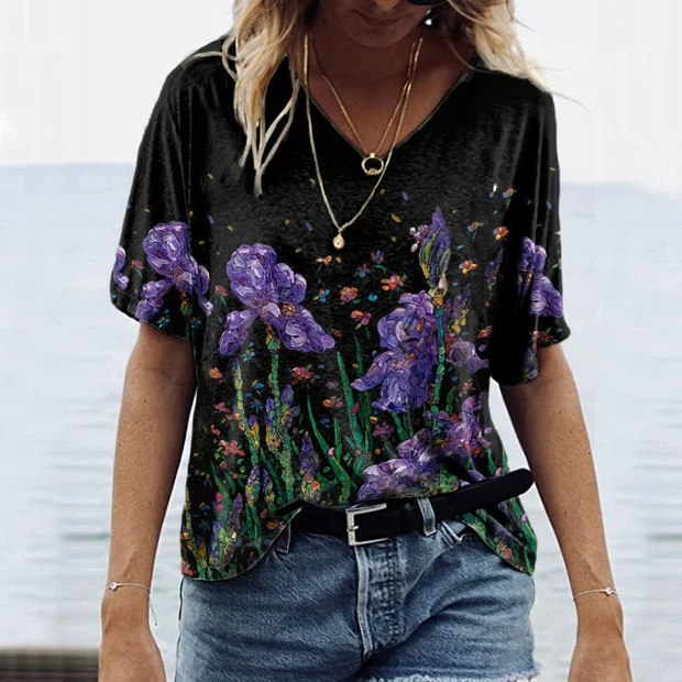 Comstylish Iris Print V-Neck Short Sleeved T-Shirt