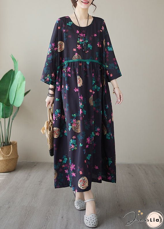 Vintage Navy Print Maxi Dresses Long Sleeve