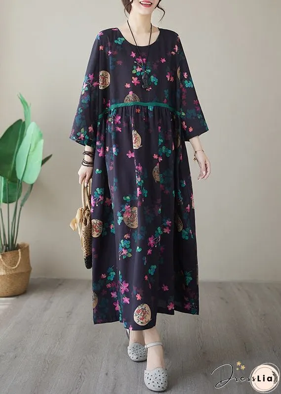 Vintage Navy Print Maxi Dresses Long Sleeve