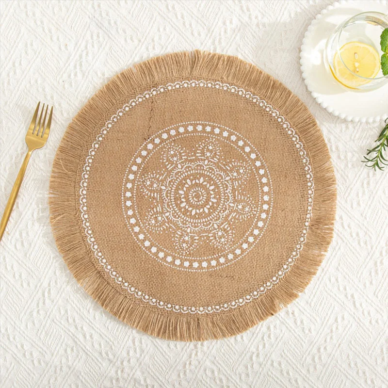 INS Jute Round Placemats Boho Tassels Table Mats Heat Insulation Pads Coffee Cup Mat Rustic Farmhouse Kitchen Decor Photo Props