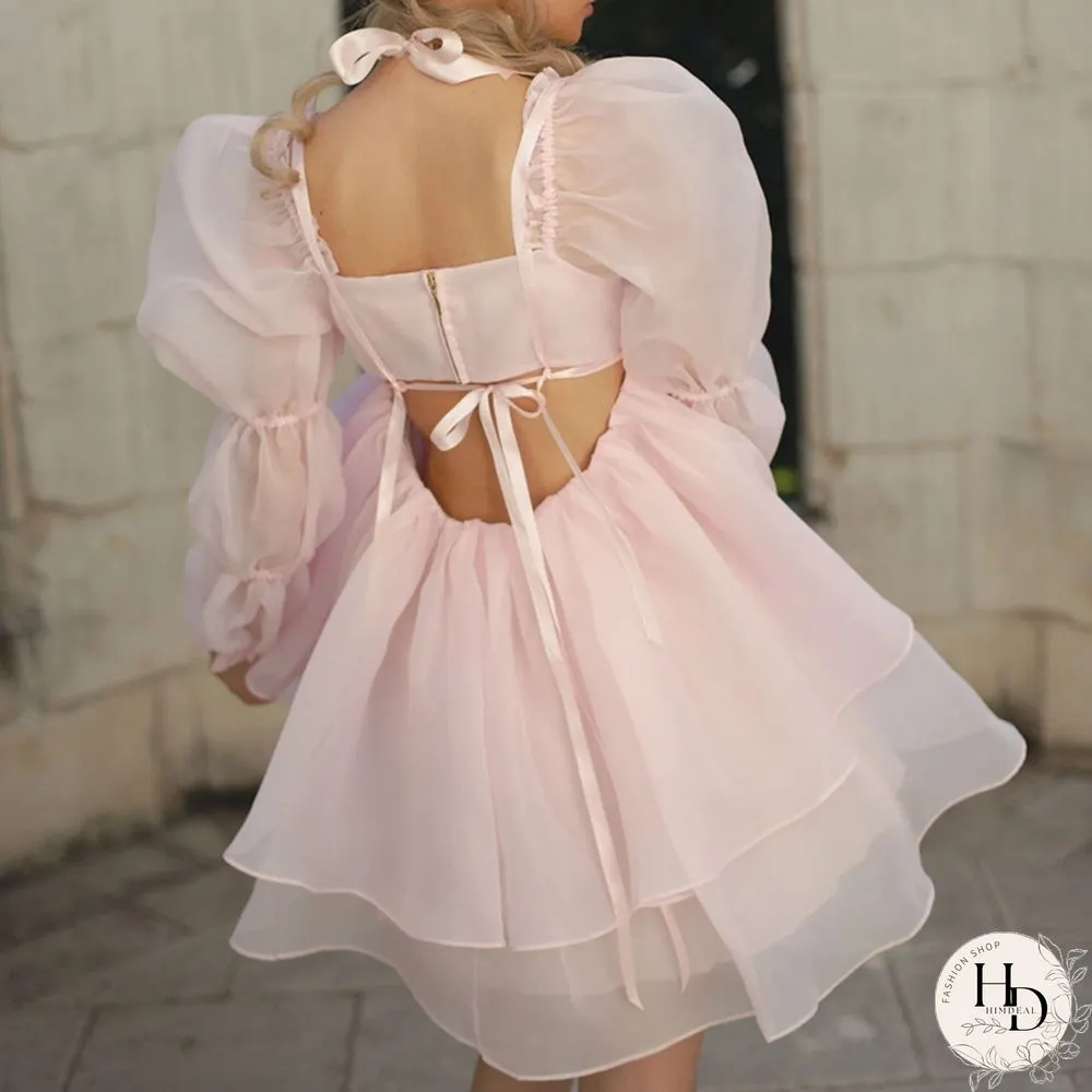 Sweet Girl Moonlight Dress Vintage Backless Long Puff sleeve Ruffles Layered A-line Women
