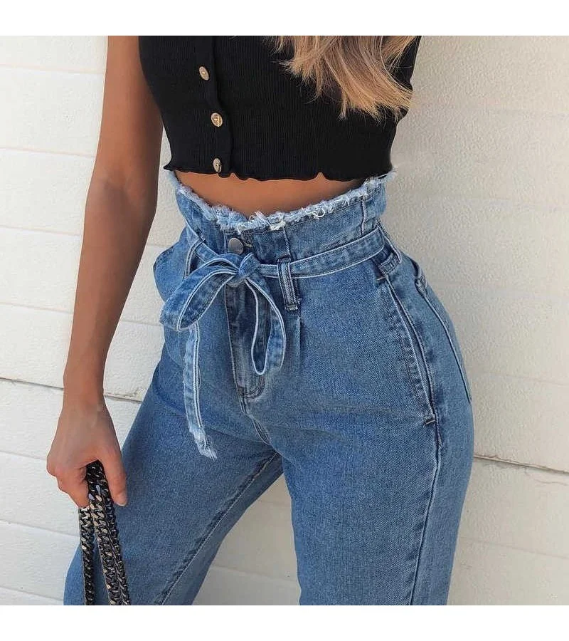 Women Fashion High Waist Sash Jeans S-3XL