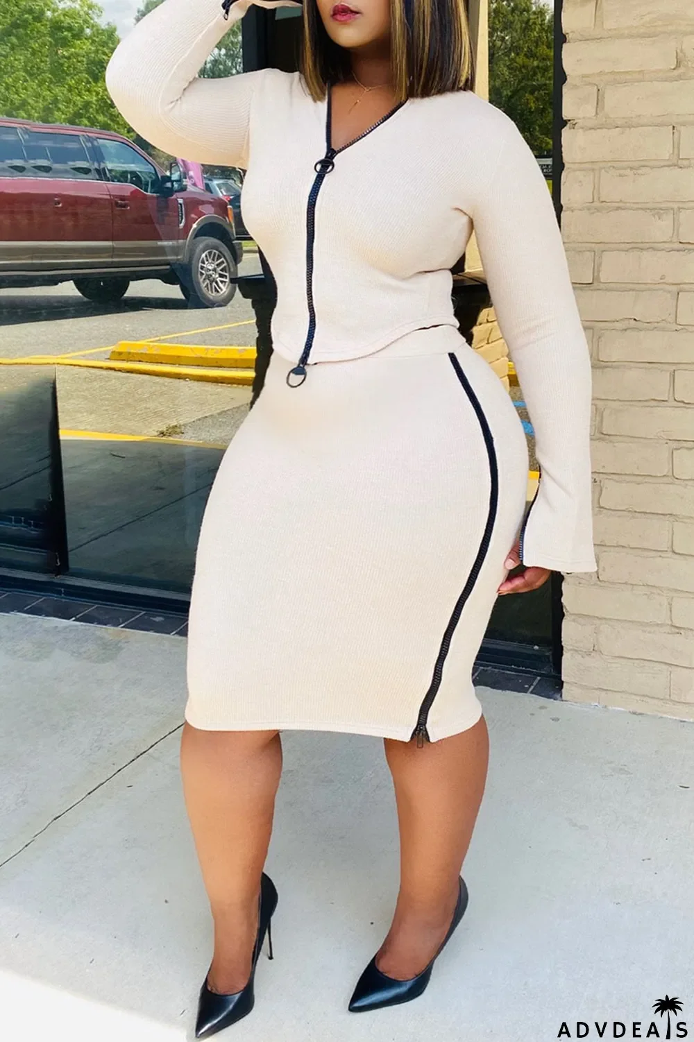 Beige Casual Solid Chains V Neck Long Sleeve Regular Sleeve Two Pieces